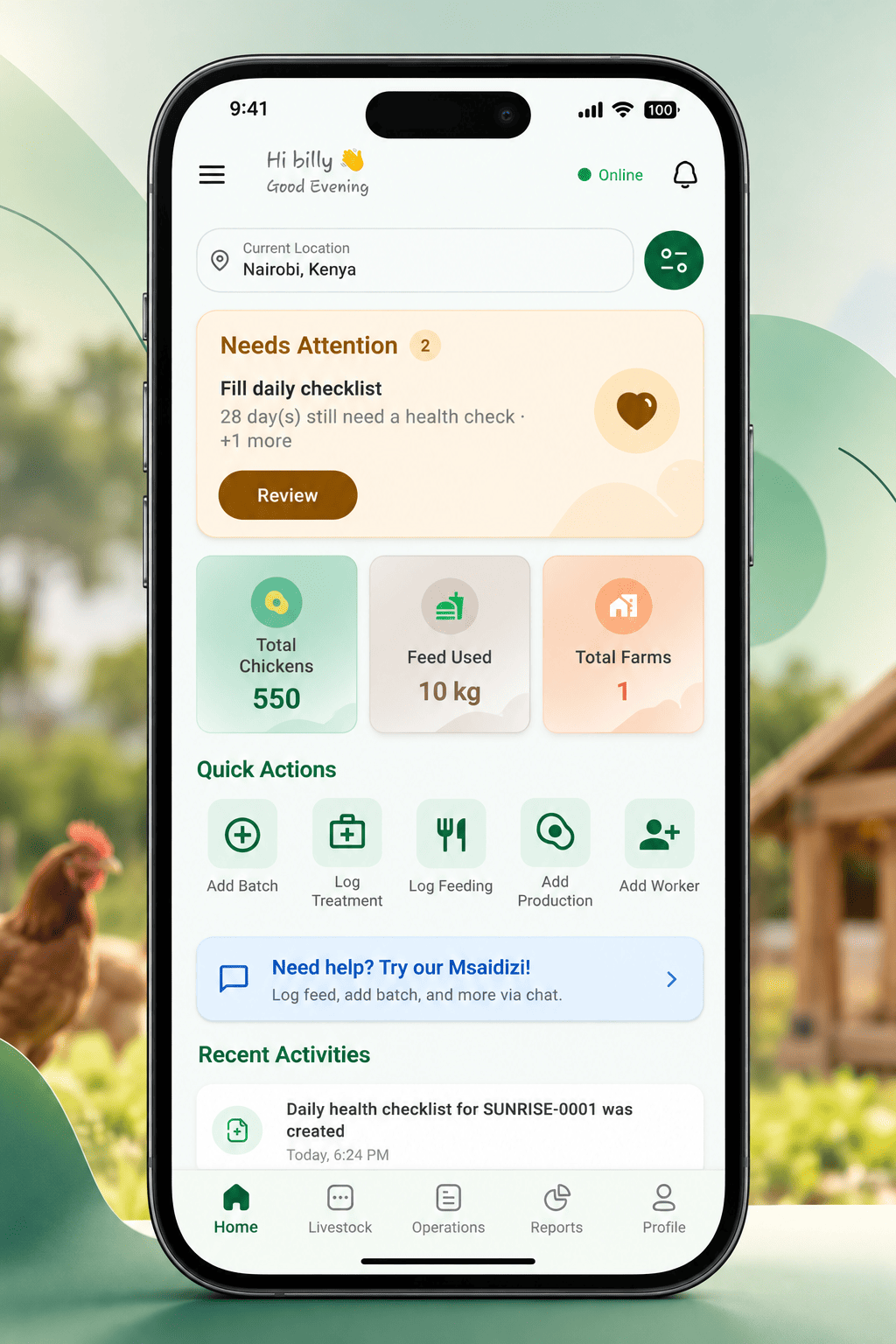 Tijafugo home dashboard showing flock totals, feed used, quick actions and recent activity